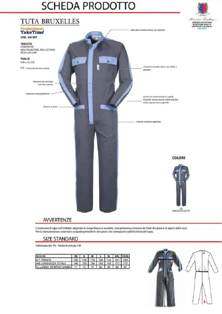 Professional Take Time Tuta Bruxelles A41307 da Lavoro Uomo Donna Misto Cotone Poliestere Chiusura Zip taschini al Petto Protezione rischi Minimi Grigio/Azzurro