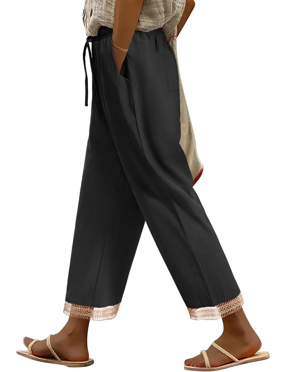 Pantaloni Donna Estivi Casual Cotone Pantalone Leggeri Larghi con Coulisse Elastico Pantaloni Vita Alta Gamba Dritta Pantaloni con Tasche