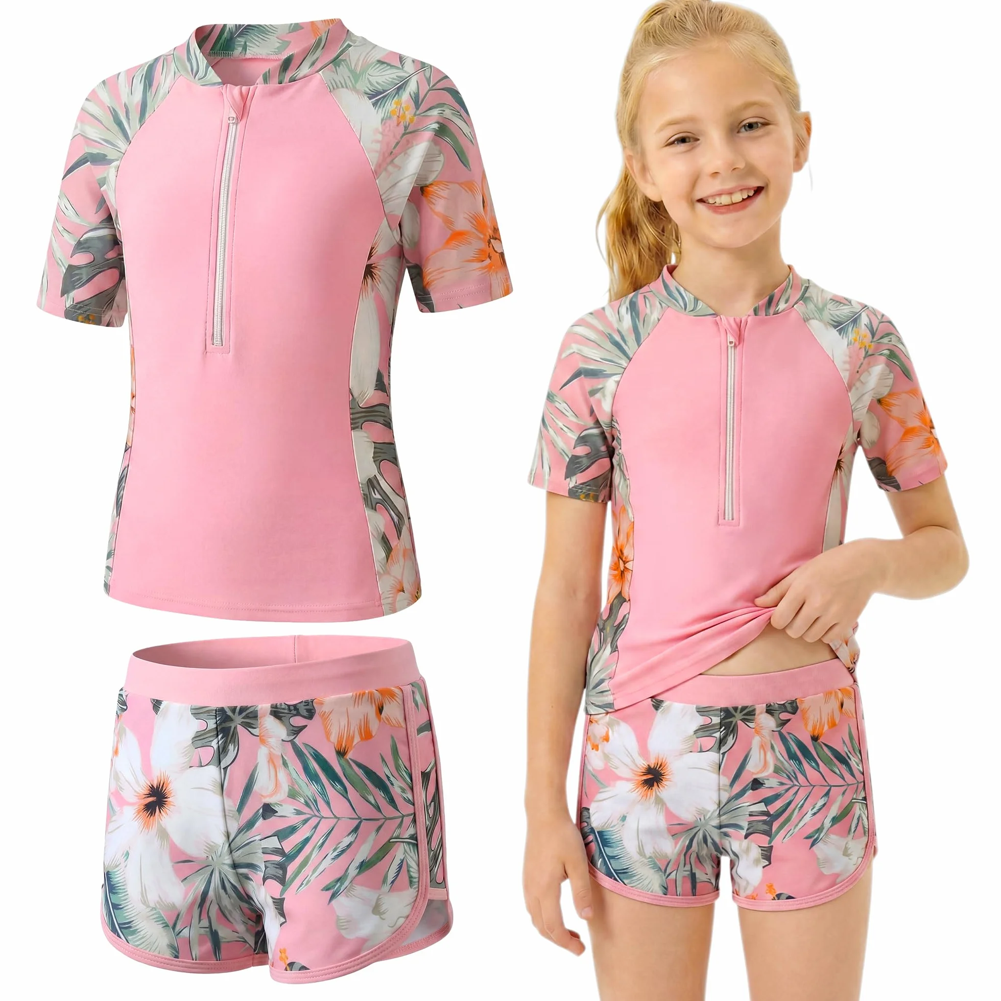Ragazze Costume da Bagno, 2 Pezzi Stampa Floreale Maglietta a Maniche Corte con Zip + Pantaloncini da Bagno Asciugatura Rapida Costume Piscina Spiaggia Nuoto Bambina per 5-14 Anni