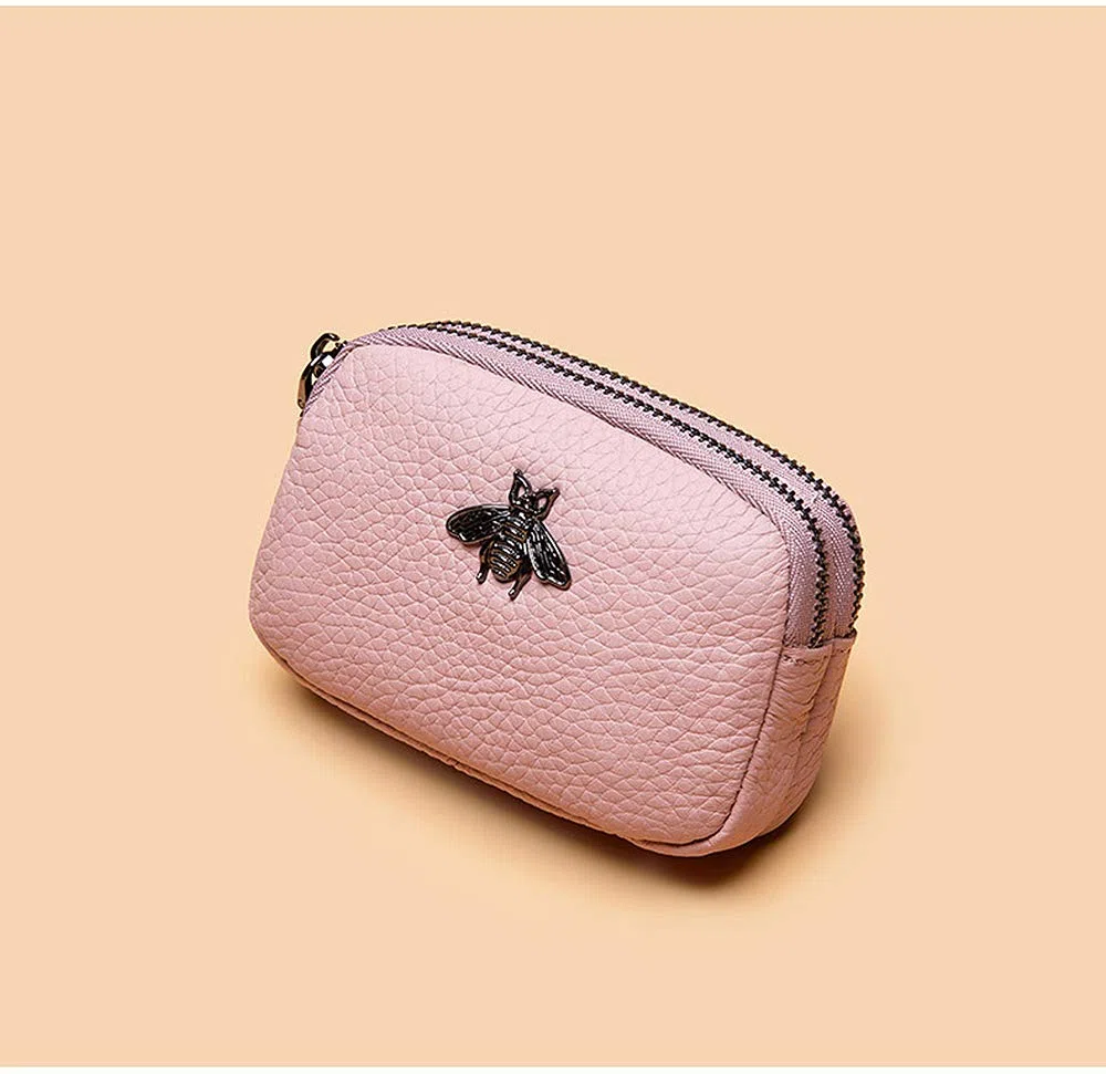 Portamonete da donna in vera pelle - Doppia cerniera Bee Change Pouch Portafoglio Porta carte Portamonete Mini Semplice portamonete carino