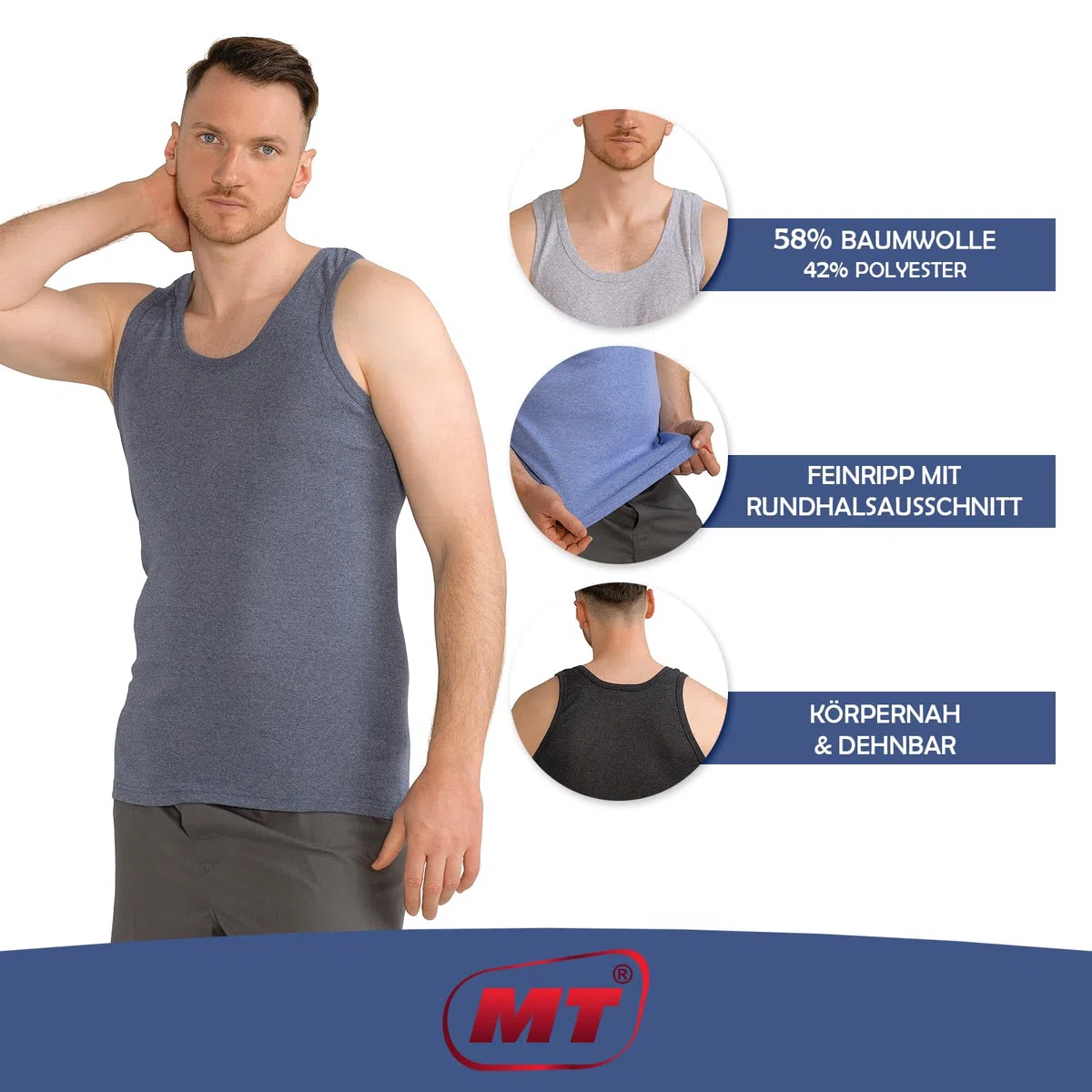 MT Confezione da 6 canottiere da uomo in cotone Classic – a costine sottili o doppie