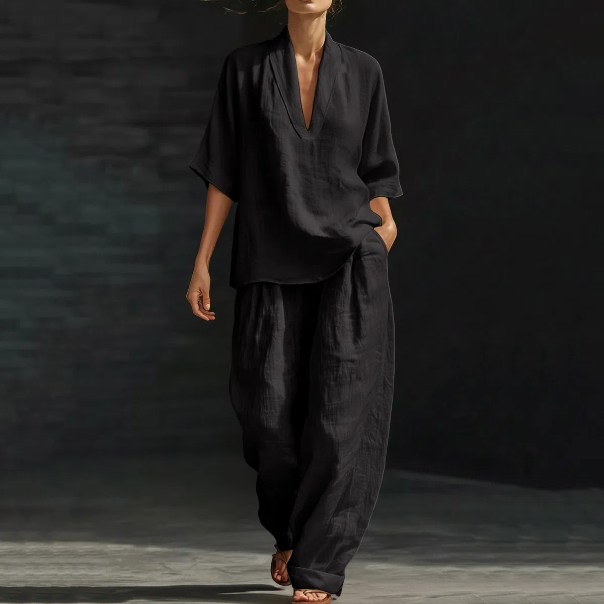 Generico Completo Donna Elegante Cerimonia Completo Casual Da Donna In Due Pezzi V-Neck Manica Lunga Elegante Effetto Fresco Set Tuta Tuta Baggy Top E Pantaloncini Estivi Da Per L’Estate