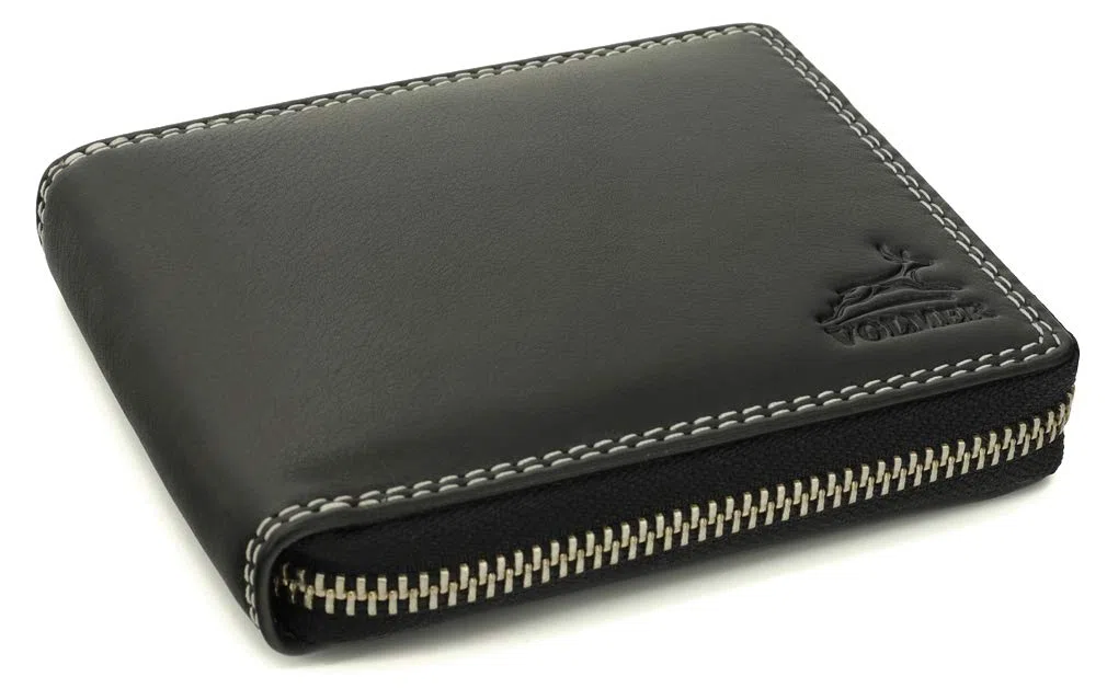 Fa.Volmer ® Portafoglio in pelle nera in vera pelle di vacchetta con robusta cerniera esterna Protezione RFID - Certificato TÜV - # BlZip07