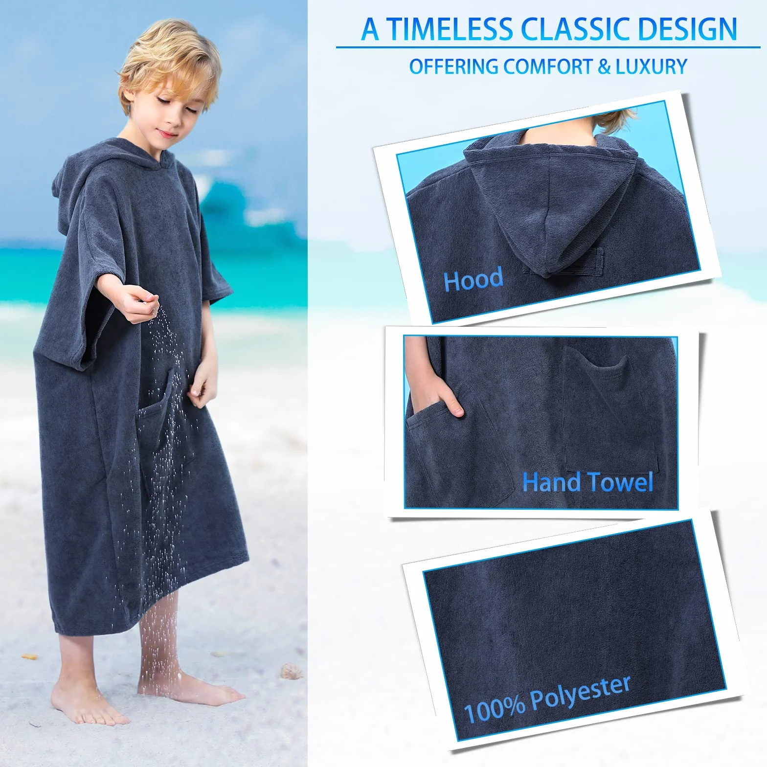 TOMEEK Asciugamano Poncho con cappuccio Bambini Soft Accappatoio con Tasca Beach Poncho Asciugatura Rapida Surf Poncho Bagno Poncho Asciugamano 9-13 Anni