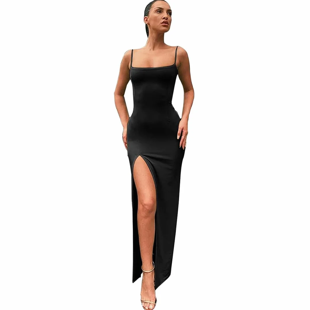 Vestito Aderente Donna Nero Sexy Abito Senza Manica Scollo a Abito Lungo Spaghetti Strap Vestito con Spacco da Sera Casual Cerimonia Matrimonio