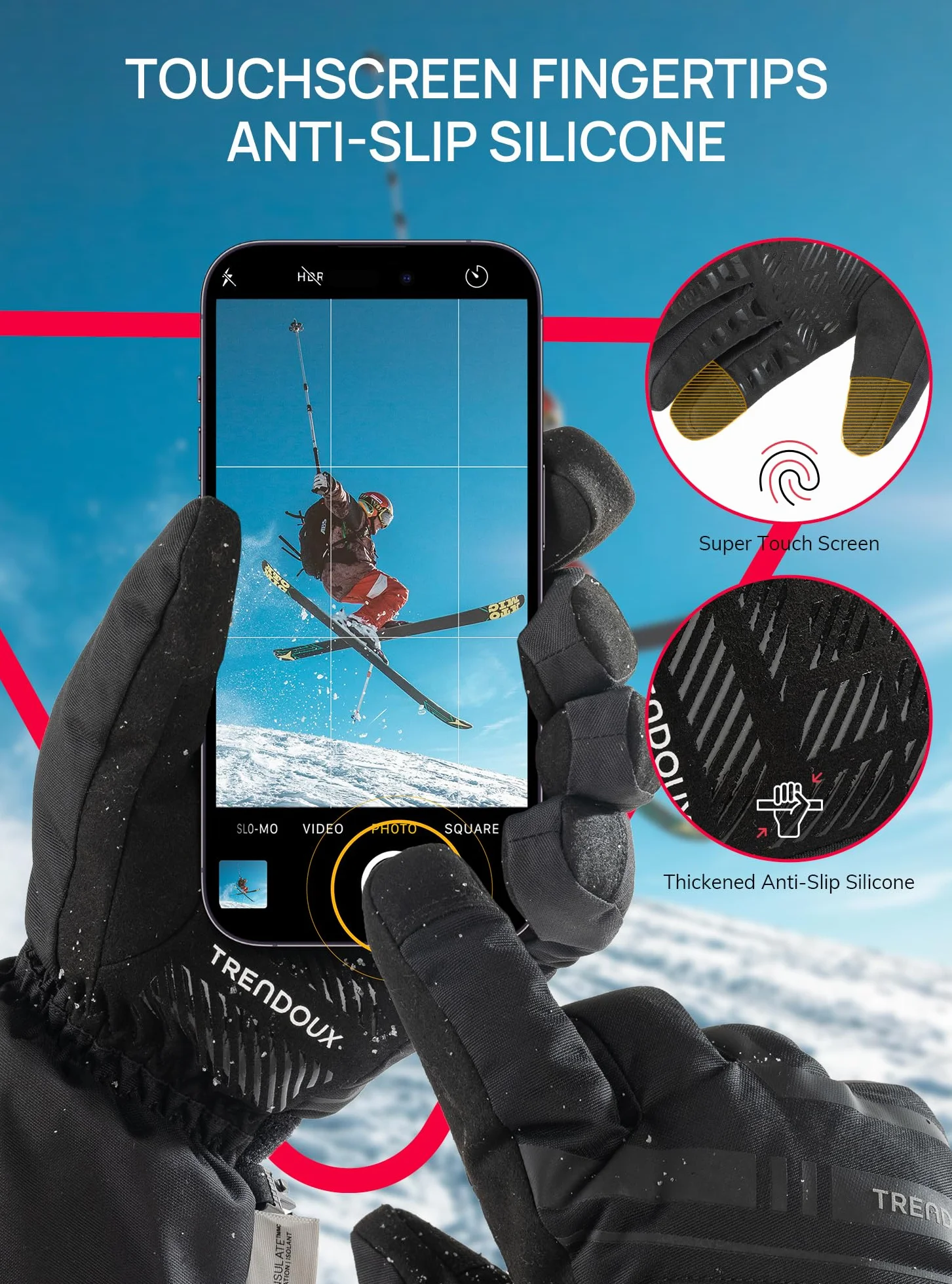 TRENDOUX Guanti da Sci Invernali Impermeabili: Guanti Termici Touch Screen Tempo di Freddo Estremo per Uomo Donna, 3M Thinsulate Caldi Ideale per Snowboard Running Neve Scooter Riscaldati Moto