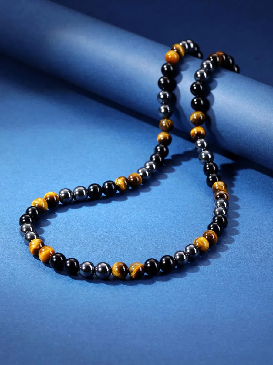 JSDDE Collana e bracciale tripla protezione in pietre e cristalli per uomo donna Parure gioielli protezione dall'energia negativa in pietre naturali occhio di tigre ossidiana ematite 8 mm