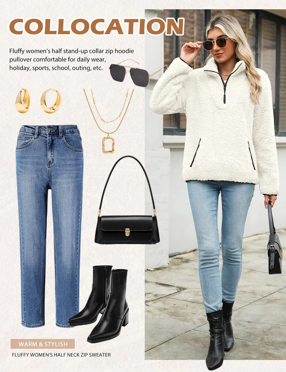 Tuopuda Donna Felpe Senza Cappuccio Pullover Pile Tops Termico Manica Lunga Felpe con Zip Tasche Maglione Caldo Autunno Invernali Sweatshirt Eleganti Hoodie Fleece Jumper Maglietta