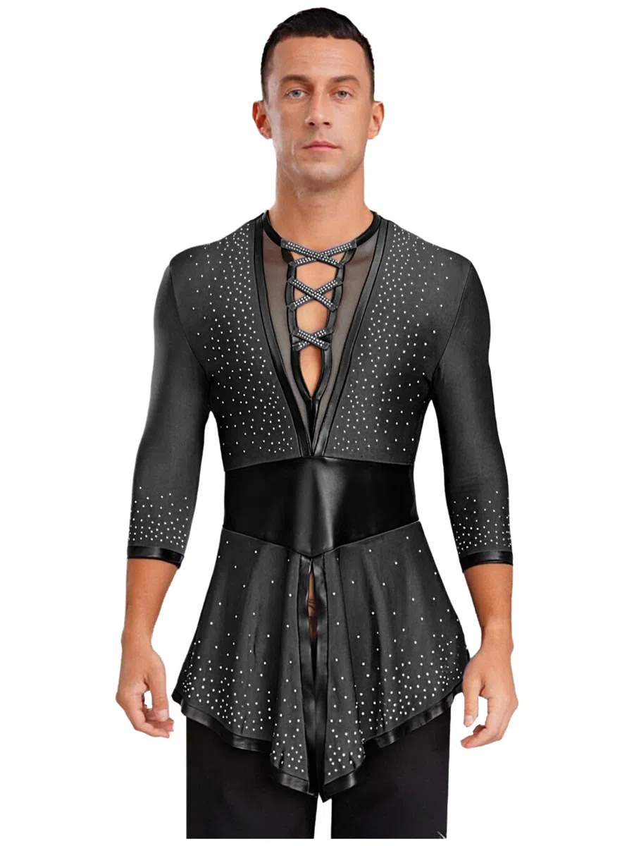 Uomo Top Camicia Danza Latina Salsa Rumba Cha Strass Tunica Manica Lunga