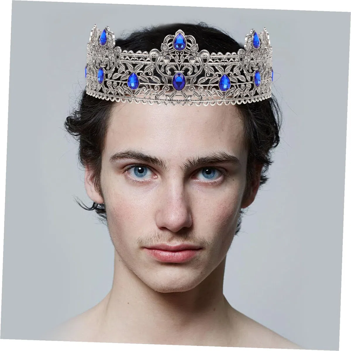 Corona Barocca Argento per Uomo Decorazioni di Strass, Lega di Zinco Leggera, Design Unico Europeo per Feste Teatrali e Compleanni