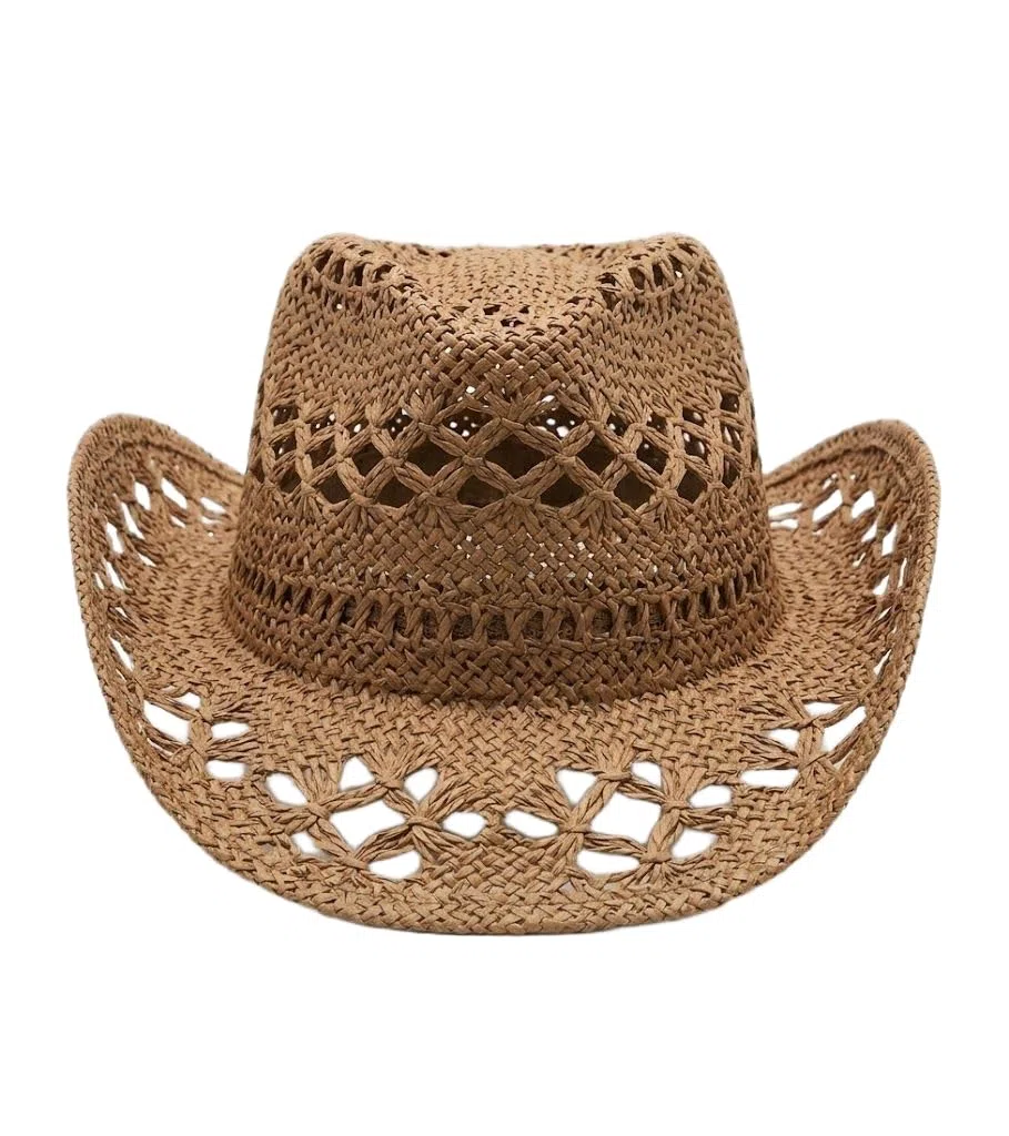 Cappello da Cowboy in Paglia Marrone Chiaro per Donna e Uomo - Cappello Western Estivo Traforato a Tesa Larga per Spiaggia e Viaggi V002