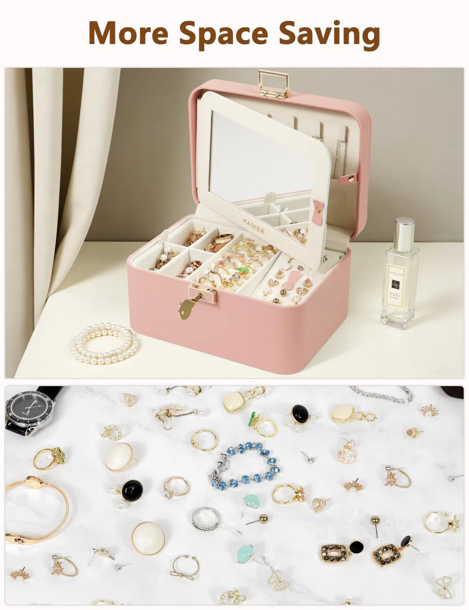 KAMIER Scatole di gioielli per le donne,2 strati PU Leather Travel Jewelry Box,Grande capacità,Doppia serratura e grande specchio,Ganci per collana nascosti,Divisori rimovibili,Confezione regalo