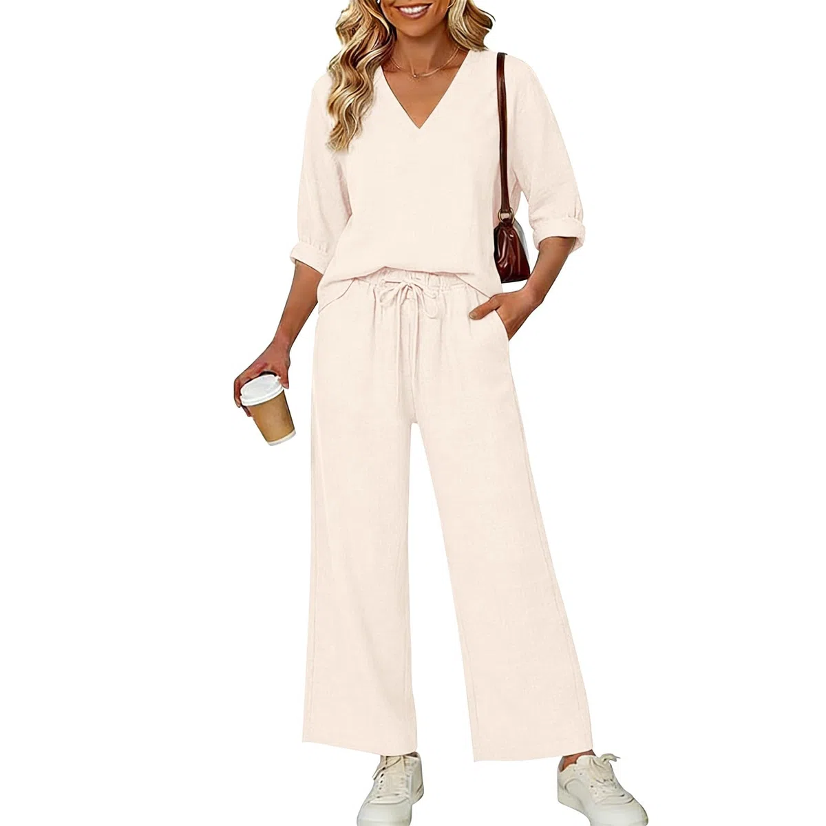Generico Completo Di Lino Donna Estivo 2 Pezzi Pantalone Lungo Estivo Tuta Elegante Maniche 3/4 Completo Estiva Curvy Tute Casual Completi Leggera Comodi Set Mare Spiaggia Larghi Drop Shoulder