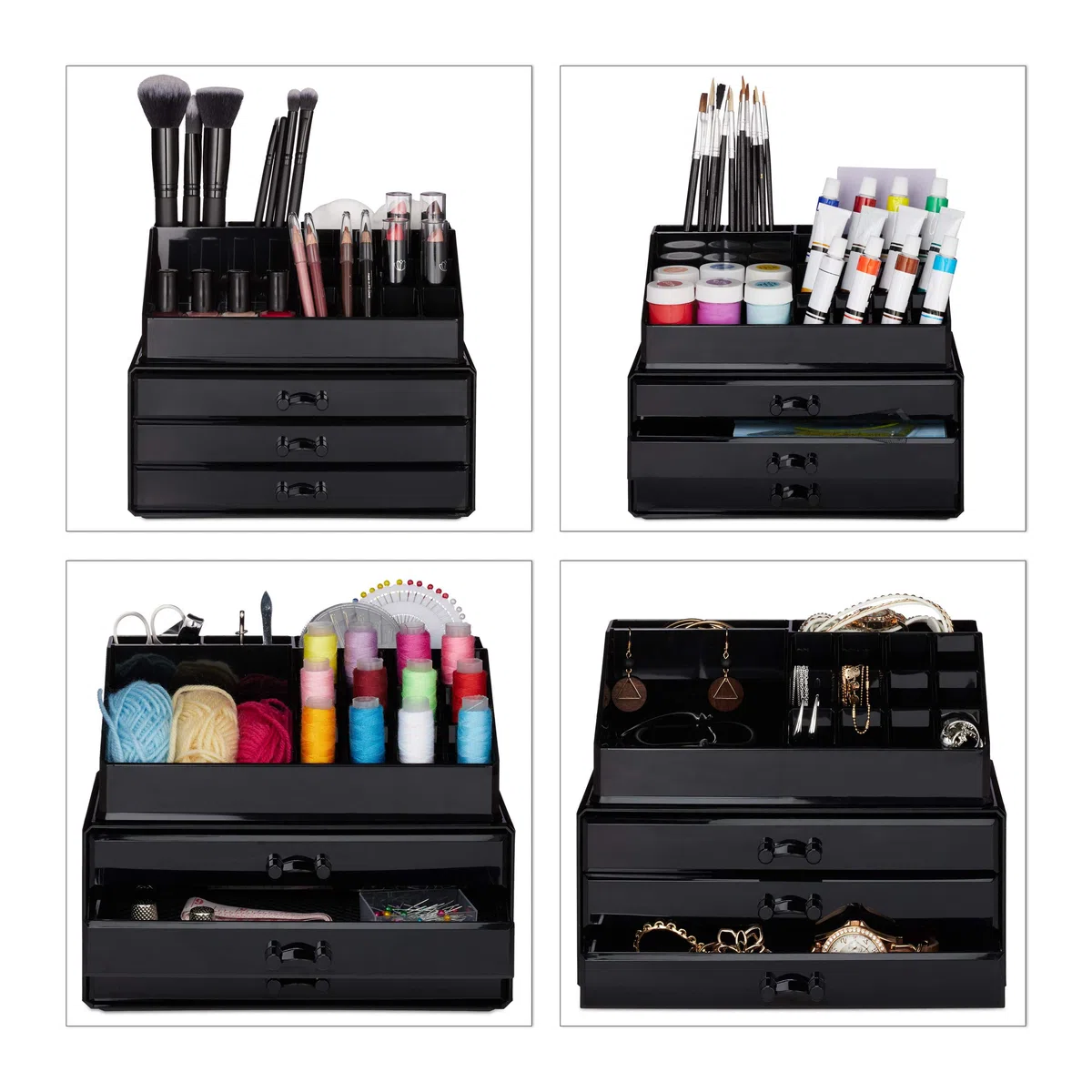 Relaxdays Portatrucchi, 2 Organizer Combinabili, Portaoggetti per Cosmetici con Cassetti, Multiuso, Versatile, Nero