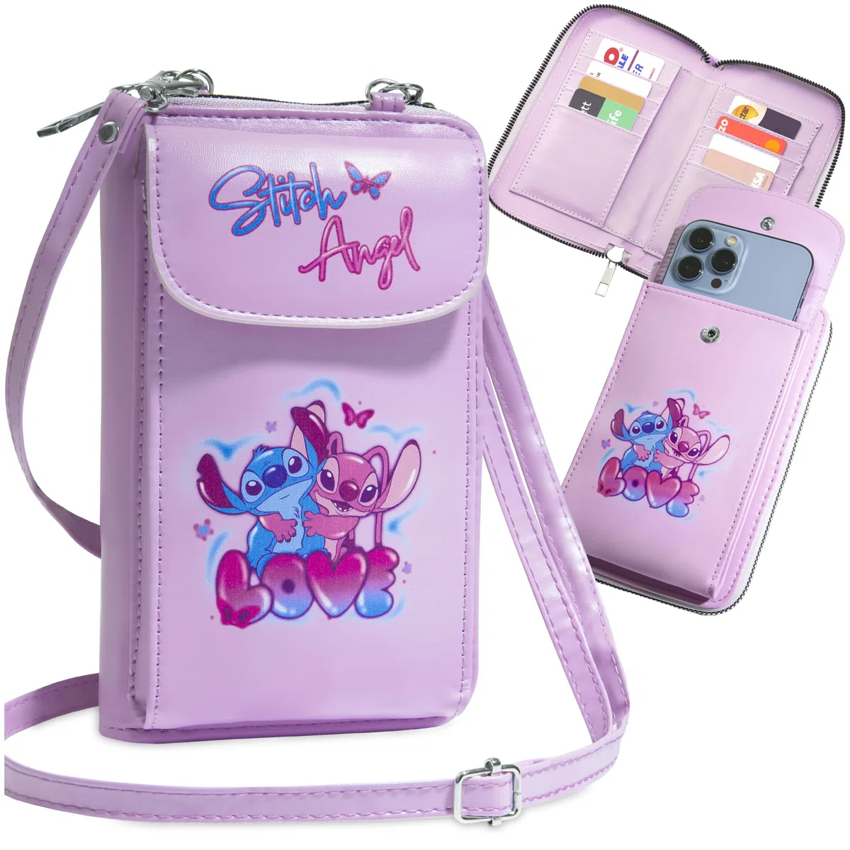Disney Borsa Tracolla Stitch - Borsetta Porta Cellulare Portafoglio Tracolla Regolabile Chiusura Zip