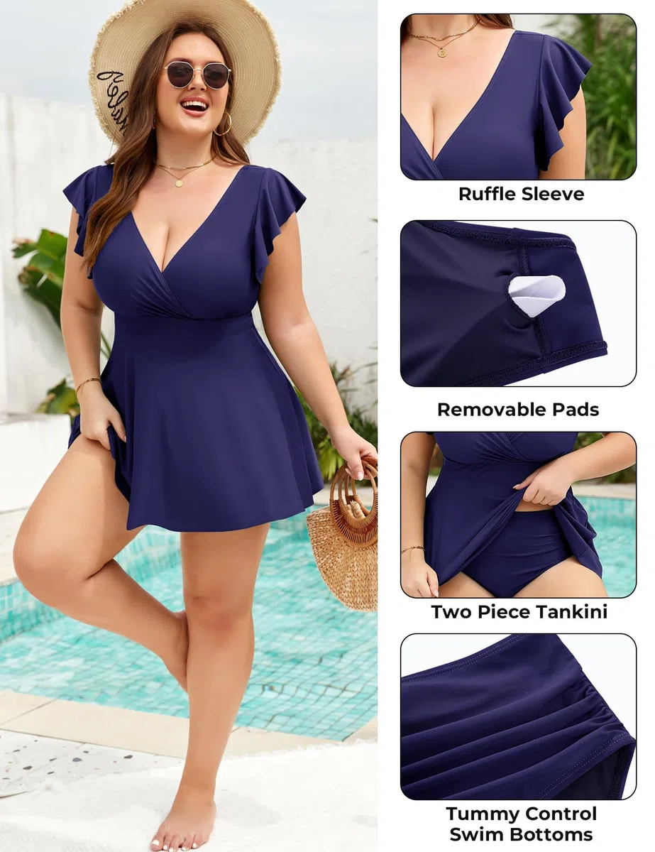 Svanco Tankini Donna Mare Curvy Taglie Forti Due Pezzi con Volant Vita Alta Gonnellina Modellante
