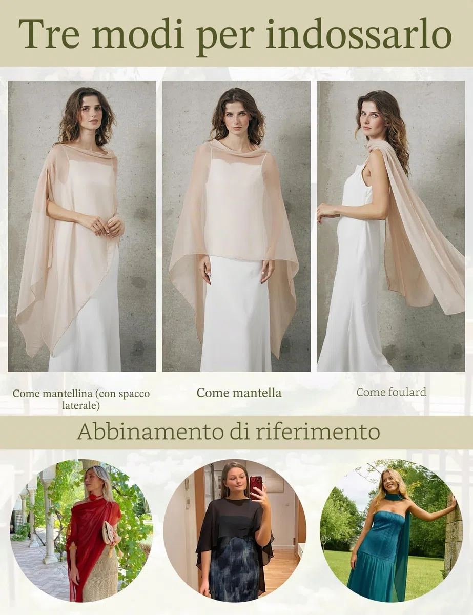 BEAUTELICATE Stola Elegante Donna Cerimonia Elegante Trasparente Crepe Coprispalle Leggera Poncho Cape per Matrimonio Abito da Sera