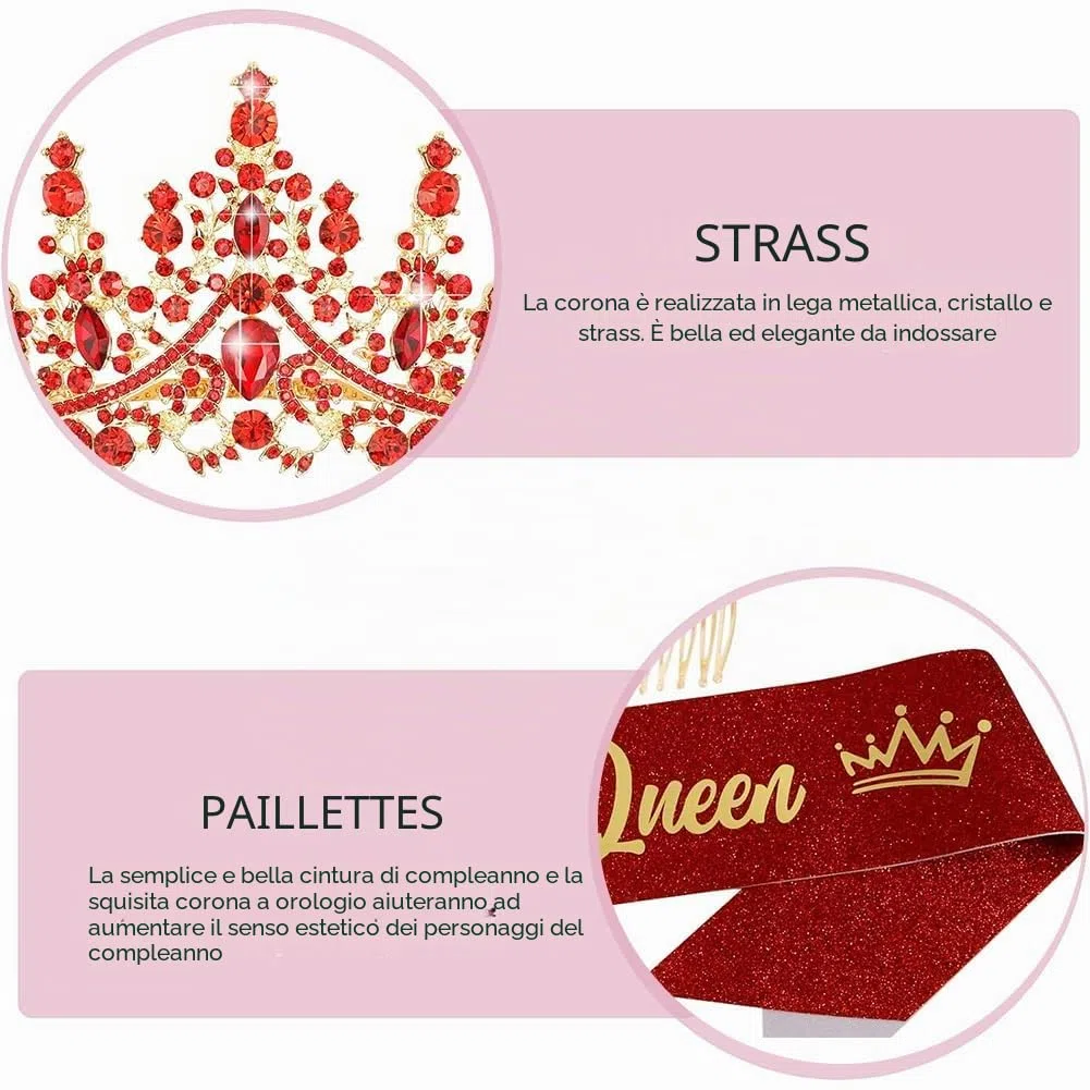 Rosso Fascia per Compleanno Ragazza Tiara, Oro Rosso Tiara Regina, Regalo Compleanno, Corona di Cristallo Tiara per I Compleanni Delle Ragazze