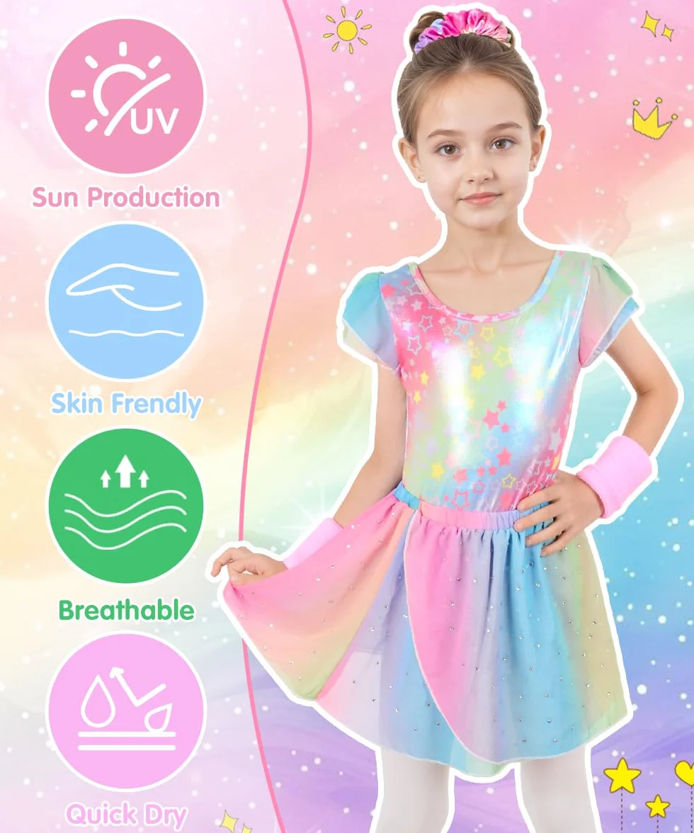 Body Ginnastica Artistica Bambina, Set 5 Pezzi con Body Senza Maniche, Pantaloncini, Fascia Capelli, Polsini, Completo per Ginnastica, Danza e Spettacoli, 4-9 Anni