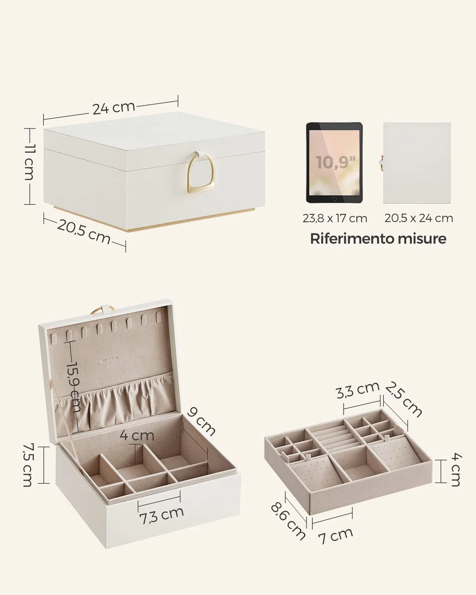 SONGMICS Scatola Portagioie a 2 Livelli, Porta Gioielli con Maniglia, Vassoio Rimovibile, Effetto Fluttuante, 20,5 x 24 x 11 cm, Idea Regalo, Bianco JBC165W01