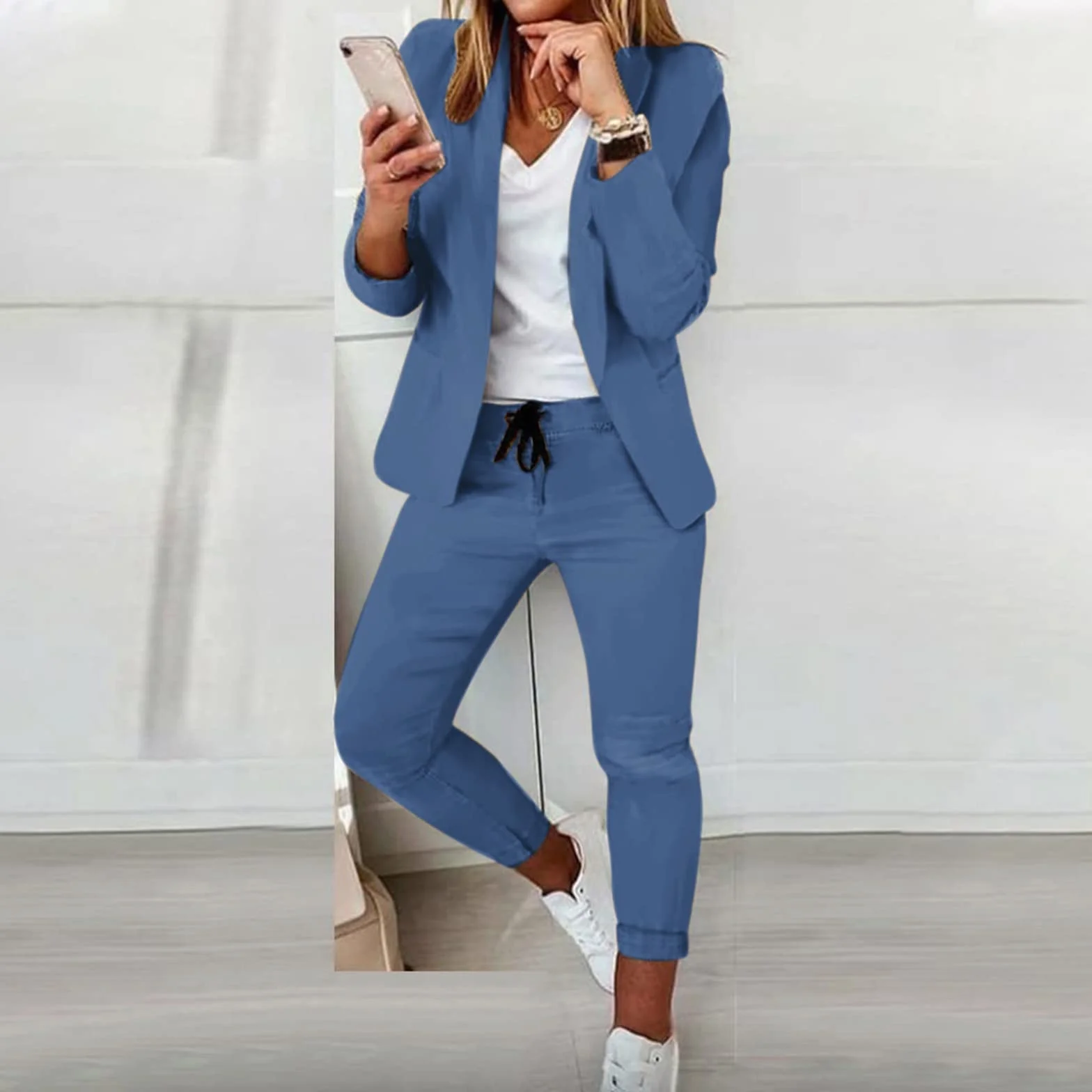 MJGkhiy Tailleur Donna Eleganti Pantaloni e Giacca da Cerimonia Curvy Completo Blazer a Maniche Lunghe Tuta Elastici in Vita Set di Abiti in Tinta Unita Pantalone Giacche Due Pezzi Elegante Suit
