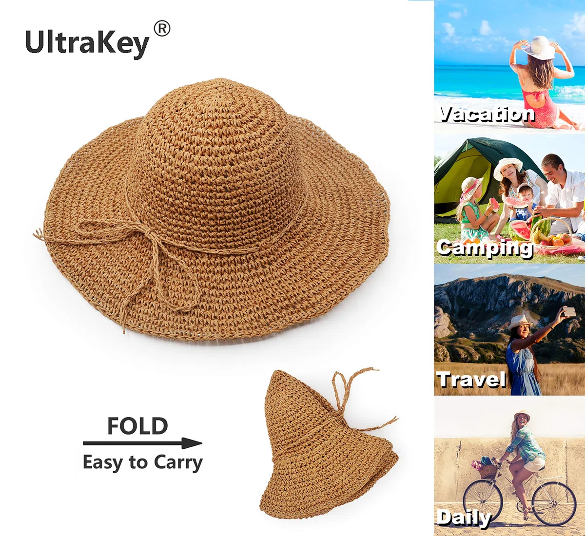 UltraKey Cappello di Paglia, Fatto a Mano Spiaggia Larga Cappello Pieghevole all'aperto Cappello da Spiaggia Copricapo per Adulti Bambini Uomo Donna