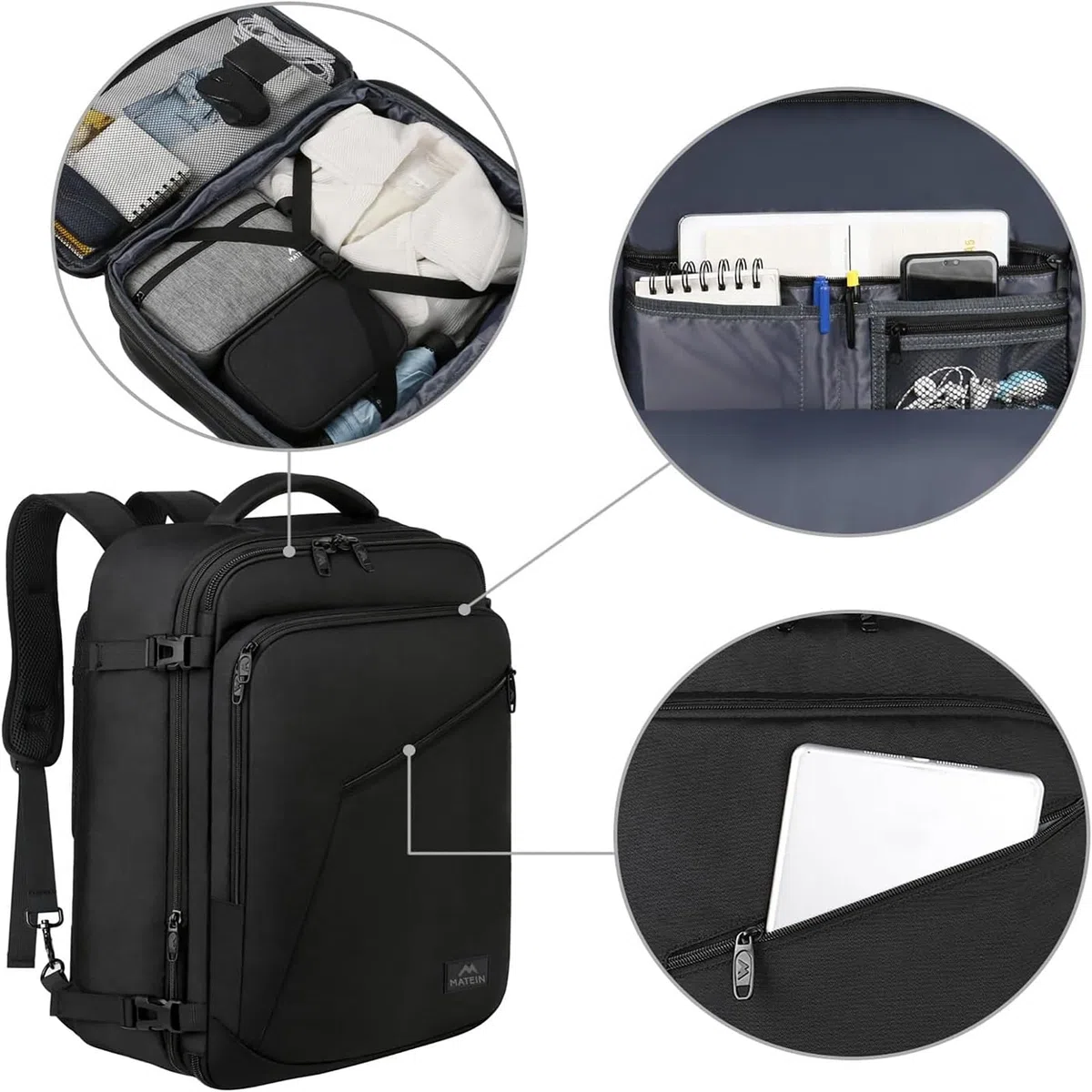 MATEIN Zaino Ryanair 40x30x20, Espandibile Zaino 40x30x20 per Uomo e Donna, 24L Zaini da Viaggio, Multitasche Bagaglio a Mano Aereo Compatto, Leggero Travel Bag per Ryanair, Wizz Air, Easyjet, Nero