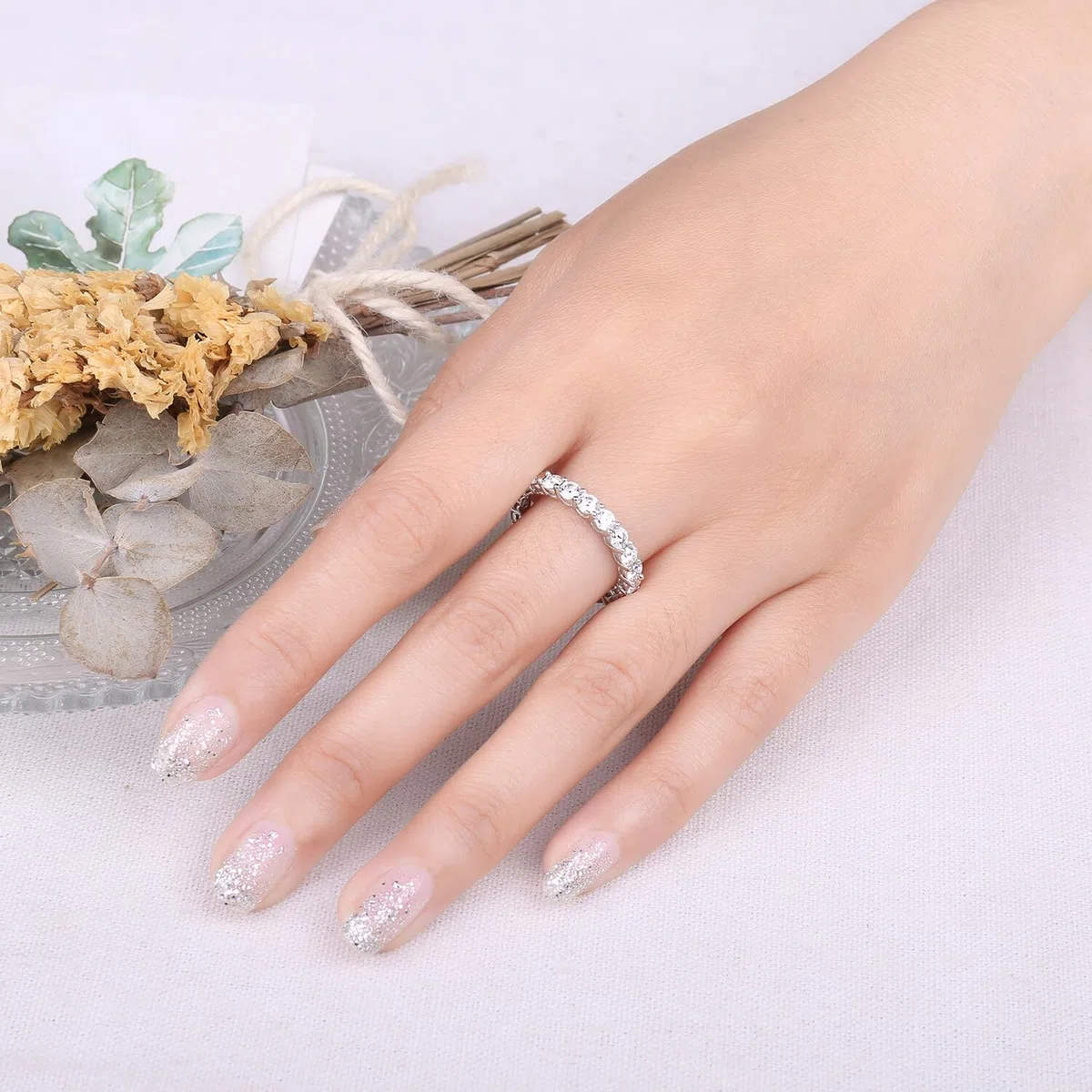 JewelryPalace Anello Half Eternity Donna Argento con Cubica Zirconia, Anelli Donna 925 con 6 Pietre a Taglio Rotondo, Fede Nuziale in Tre Ori Anello Eternity Matrimonio Argento Set Gioielli