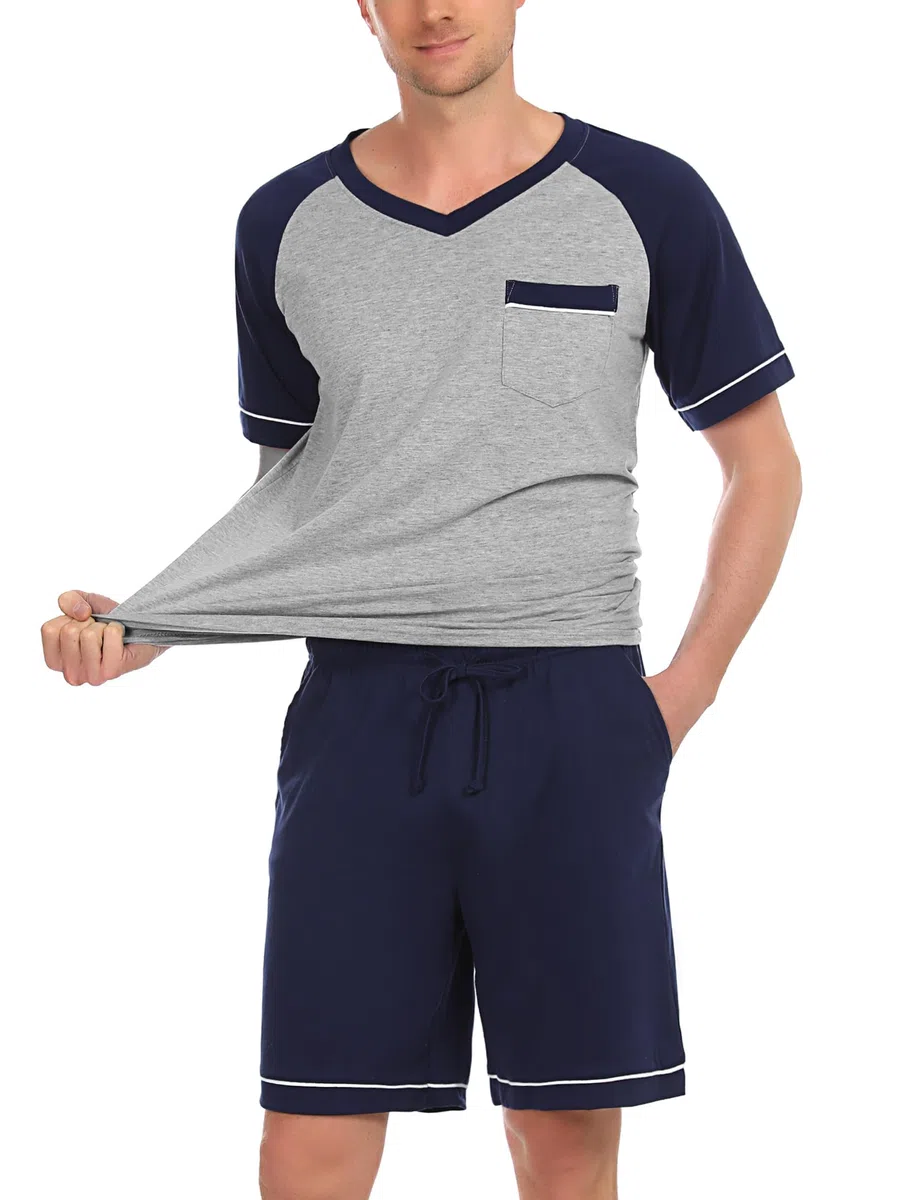 Pigiama Uomo Cotone Corto Estivo Pigiami Due Pezzi Set da Notte Casa Maniche Cort Leggero Scollo a V e Pantaloncini Scozzesi con Tasche