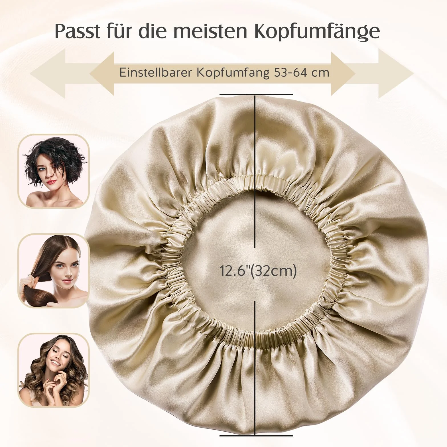 Umisleep 22 Momme - Cappello per Dormire in Seta di gelso, Doppio Strato per Capelli Ricci, Traspirante e Regolabile con Fascia Elastica, Colore Champagne, 53-63