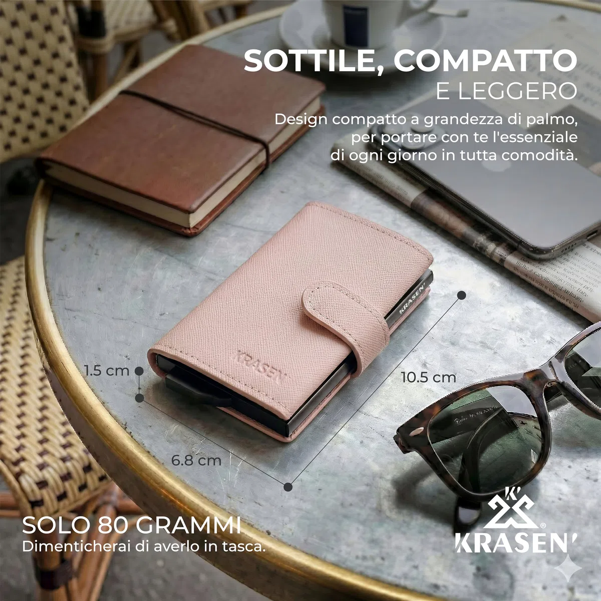 KRASEN' - Portafoglio e Porta Carte Saffiano Rosa con Sistema Anti-Clonazione, Scatoletta in Alluminio Assemblata a Mano, Bottone e Cerniera Porta Monete