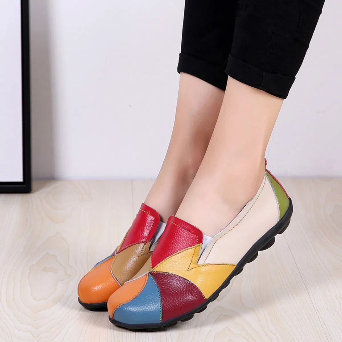 Scarpe basse da donna Loafers con patchwork colorato chiuso punta tonda scarpe basse antiscivolo slip-on in pelle mocassini suola in gomma morbida sandali casual scarpe da barca