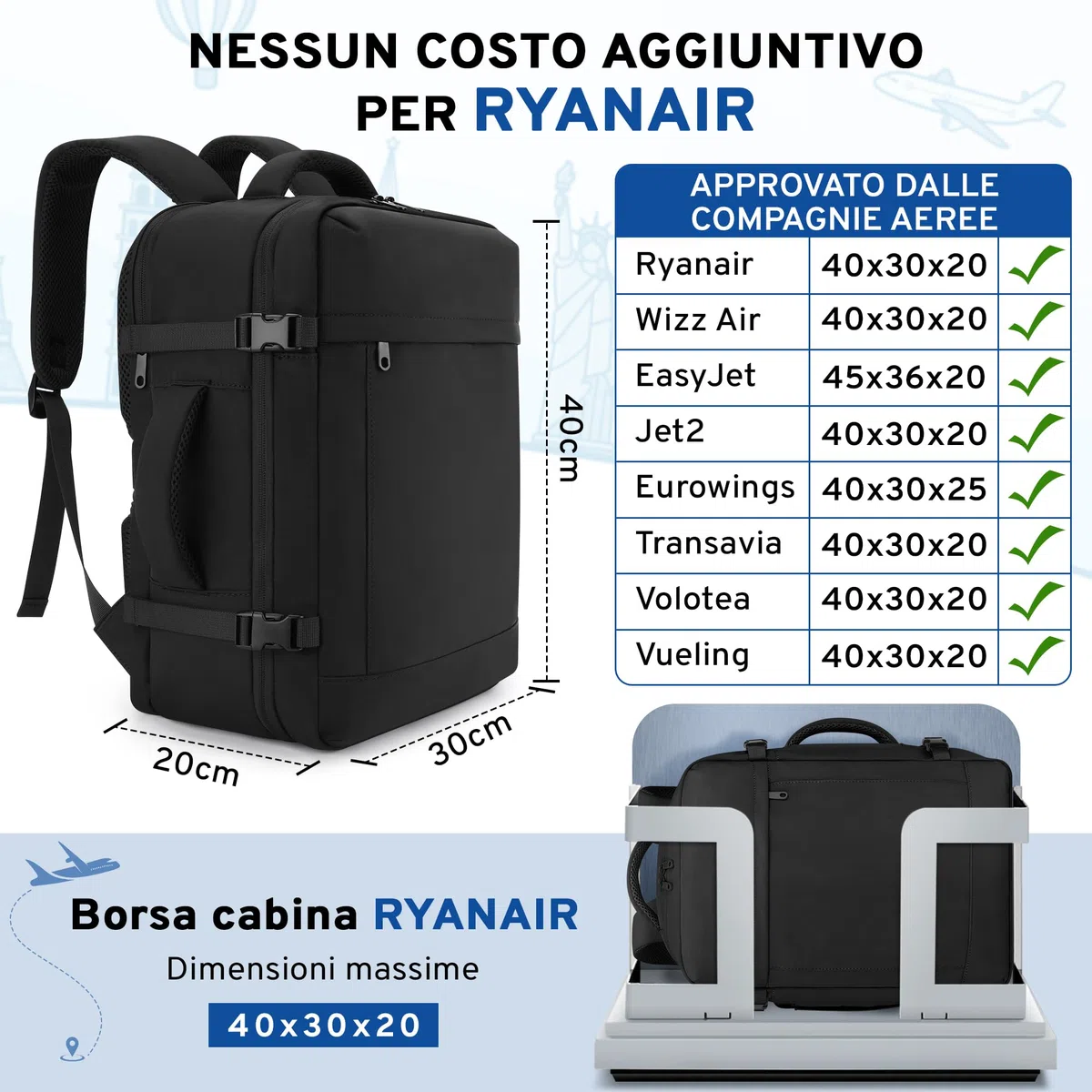 ETRONIK Zaino Ryanair 40x30x20, 24L Zaino da Viaggio Aereo Cabina Resistente all'Acqua, 15,6 Pollici Zaini PC Bagaglio a Mano 40x30x20, Borsa Valigia 10 Kg Uomo Donna per Eurowings EasyJet, Nero