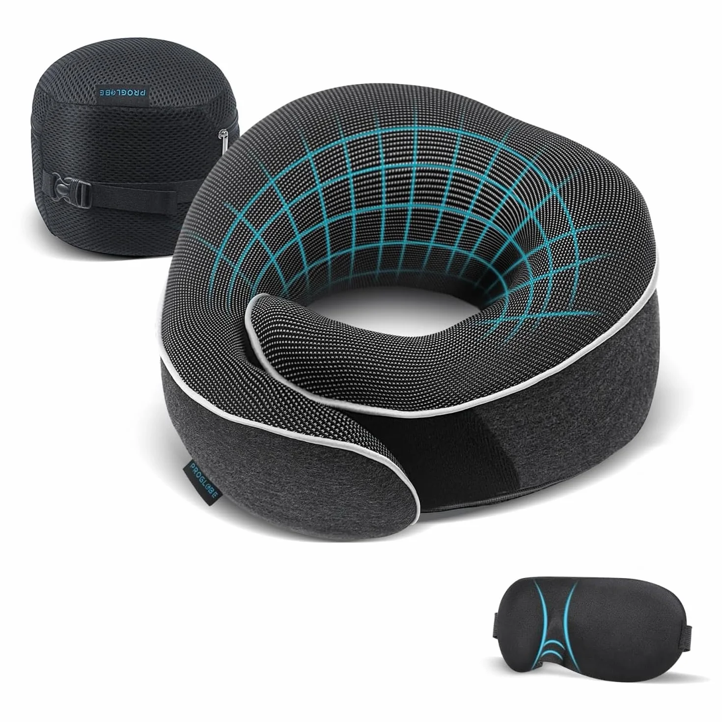 Proglobe Cuscino cervicale aereo, cuscino da viaggio, 100% memory foam, cuscino ortopedico, per viaggi con aereo, auto, treno, con maschera 3D, borsa a rete di alta qualità, Grigio scuro