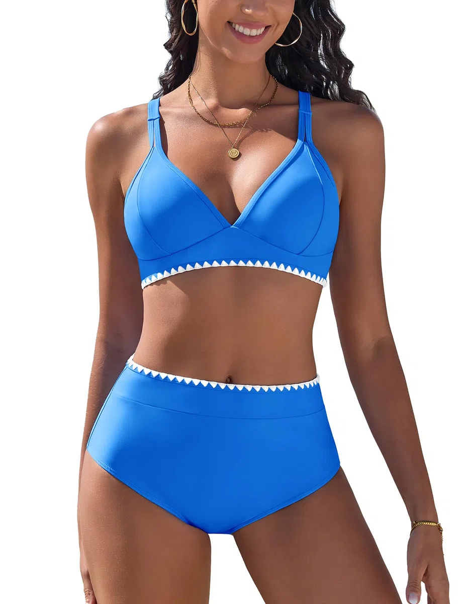Costume Donna Due Pezzi Vita Alta Costumi da Bagno Push Up Sexy Bikini Mare Imbottito Reggiseno con Pizzo Bianco