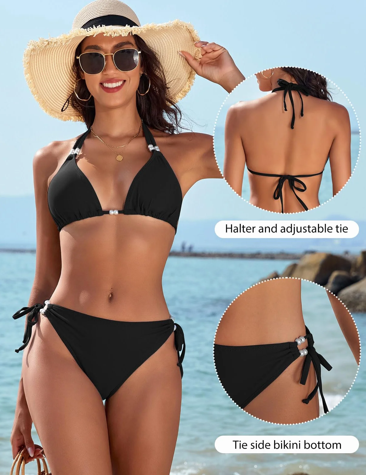CMTOP Costume Donna Due Pezzi Bikini Set da Mare Halter Triangolo Costumi da Bagno Vita Alta Bikini con Coulisse Laterale Sexy Brasiliana Beachwear Regolabile Costume da Bagno