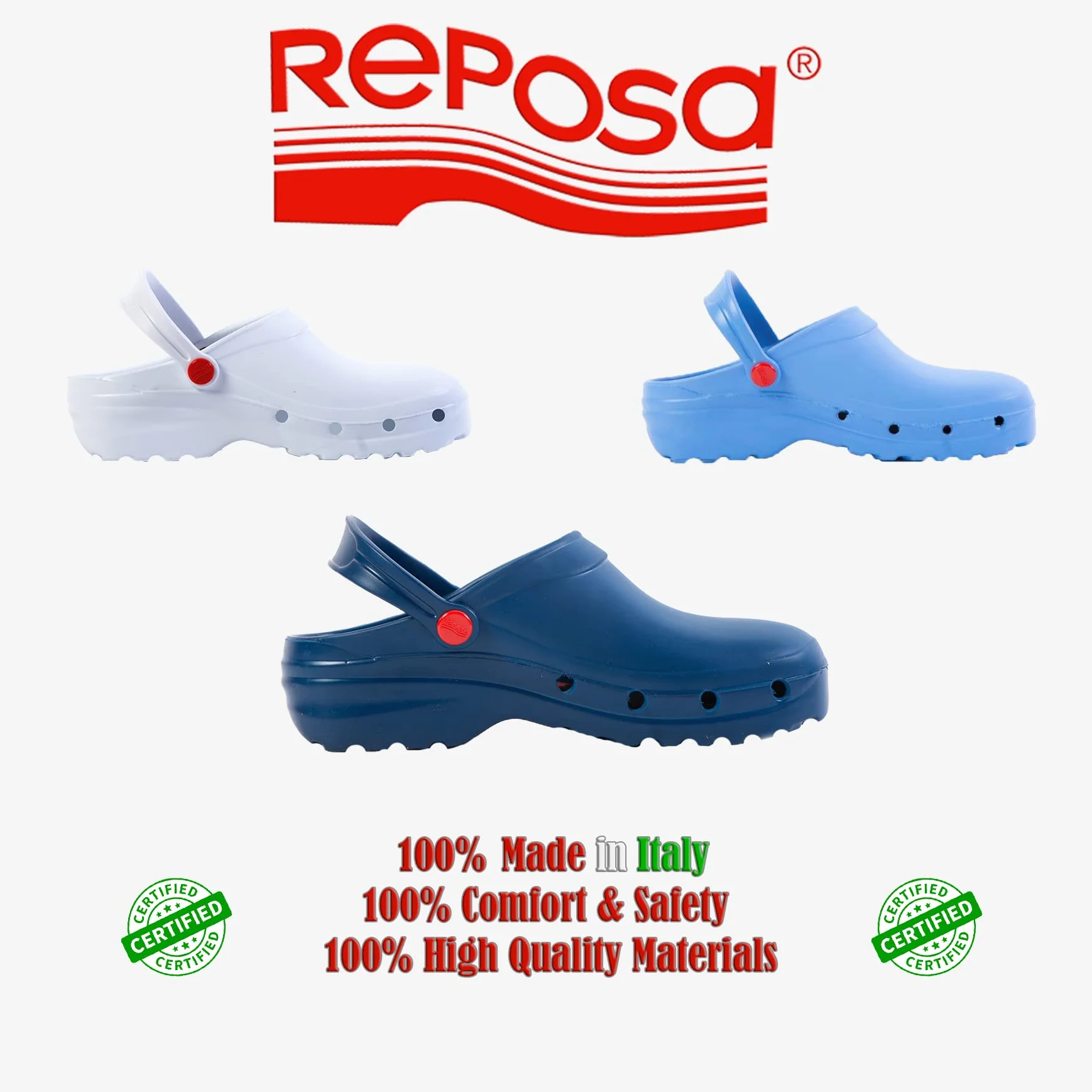 REPOSA Light Shock, Zoccoli Sanitari Donna Uomo in EVA, Suola Antiscivolo SRC Antibatterica e Laccetto Ribaltabile, Ciabatte Sanitarie Anatomiche Antishock, Scarpe Sanitarie Traspiranti Ultraleggere