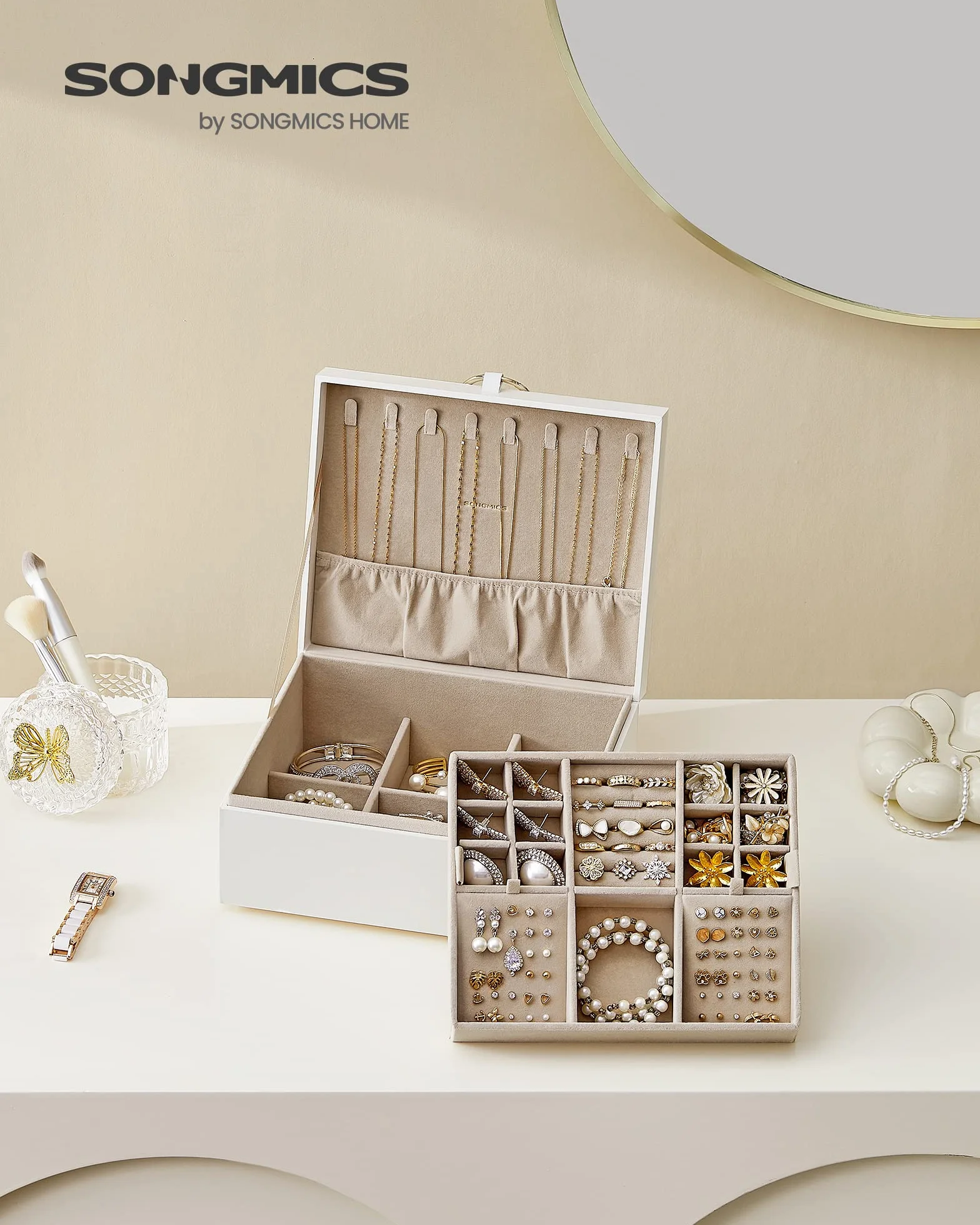 SONGMICS Scatola Portagioie a 2 Livelli, Porta Gioielli con Maniglia, Vassoio Rimovibile, Effetto Fluttuante, 20,5 x 24 x 11 cm, Idea Regalo, Bianco JBC165W01