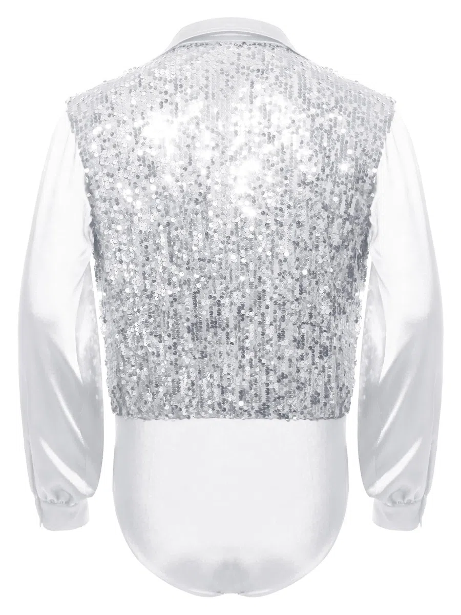 dPois Uomo Camicia Body da Ballo Latino Americano Tango Maniche Lunghe Balletto Leotards con Paillettes Body Ginnastica Ritmica Danza Classica Moderna Dancewear