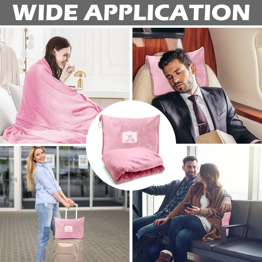 Coperta da Viaggio 2 in 1, 127 x 152 cm Coperta con Cuscino, Coperta Calda, Ultraleggera per Vacanze, Ufficio, casa, Viaggi d'Affari (Rosa)