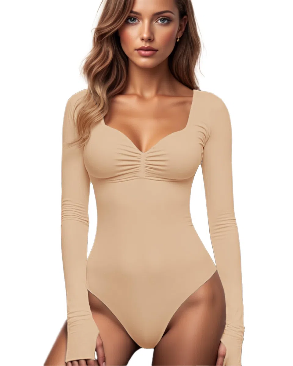 Body da donna con scollo a V quadrato, top sexy moda manica lunga per uscire top elasticizzati Body Suit
