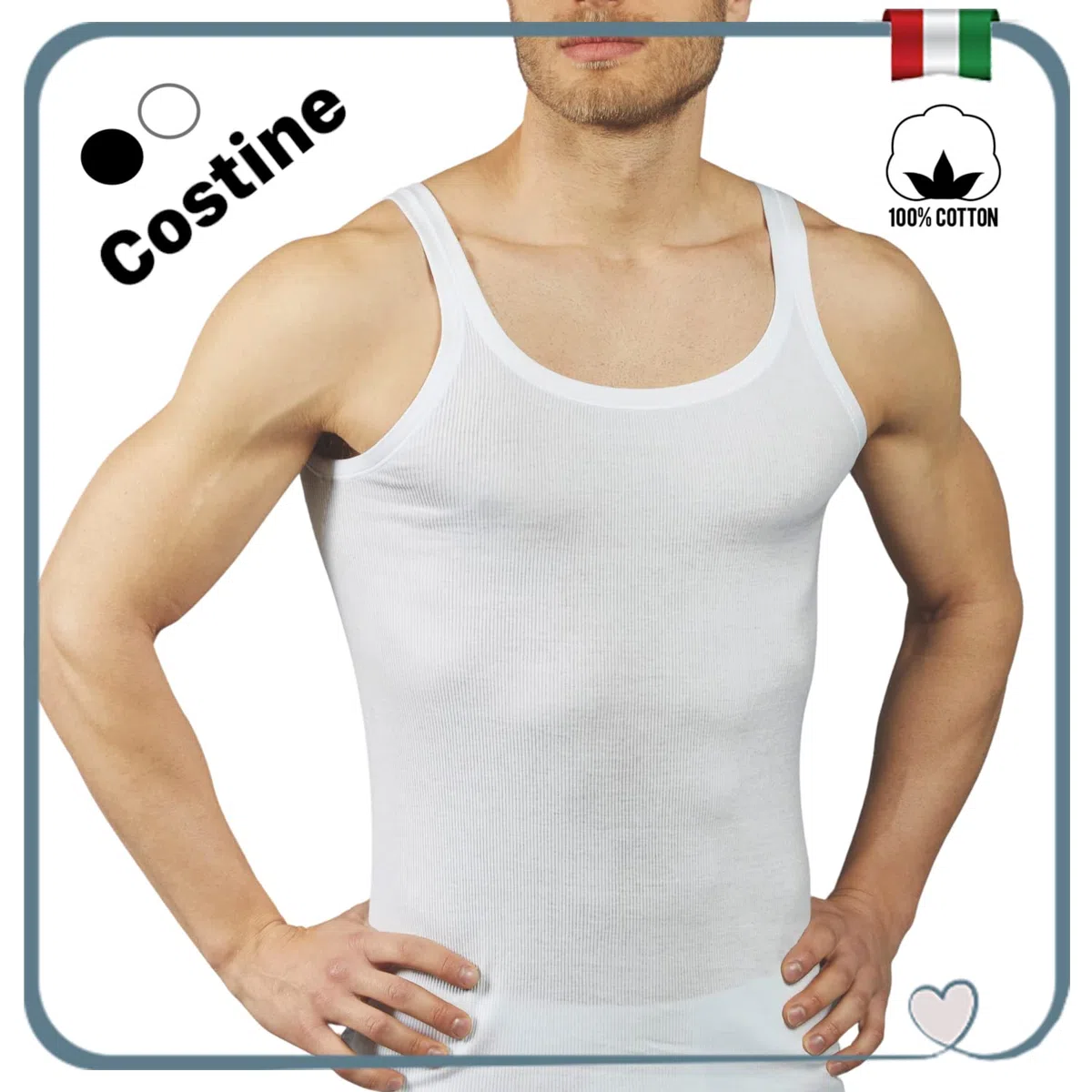 VP PINUCCIO VENEGONI Set 3 Canottiere Uomo Intimo Costine; Made in Italy 100% Cotone Mercerizzato; Canotta Spalla Stretta Intima Bianca Nera Smanicata; Canotte estive Smanicato Uomo