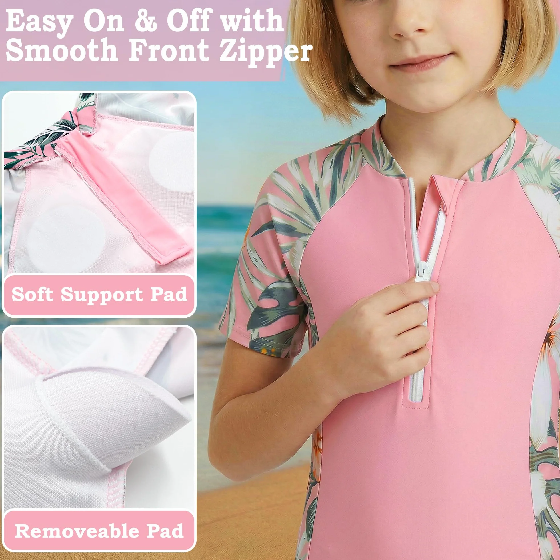 Ragazze Costume da Bagno, 2 Pezzi Stampa Floreale Maglietta a Maniche Corte con Zip + Pantaloncini da Bagno Asciugatura Rapida Costume Piscina Spiaggia Nuoto Bambina per 5-14 Anni