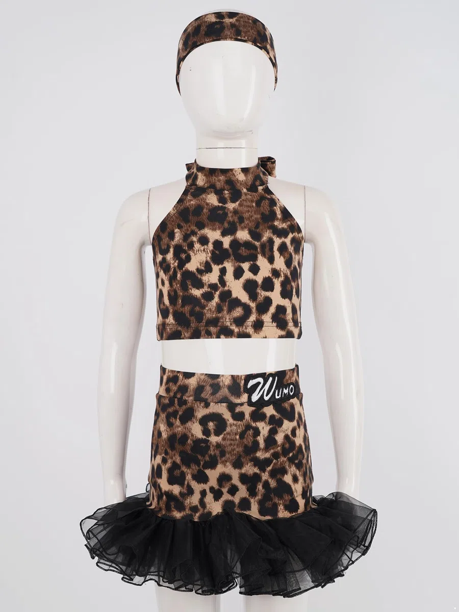 Aislor Vestito da Ballo Latino Americano Bambina Y2k Top Canotta + Gonna con Motivo Leopardato Abito da Pattianggio Artistico Vestito da Balletto Dancewear