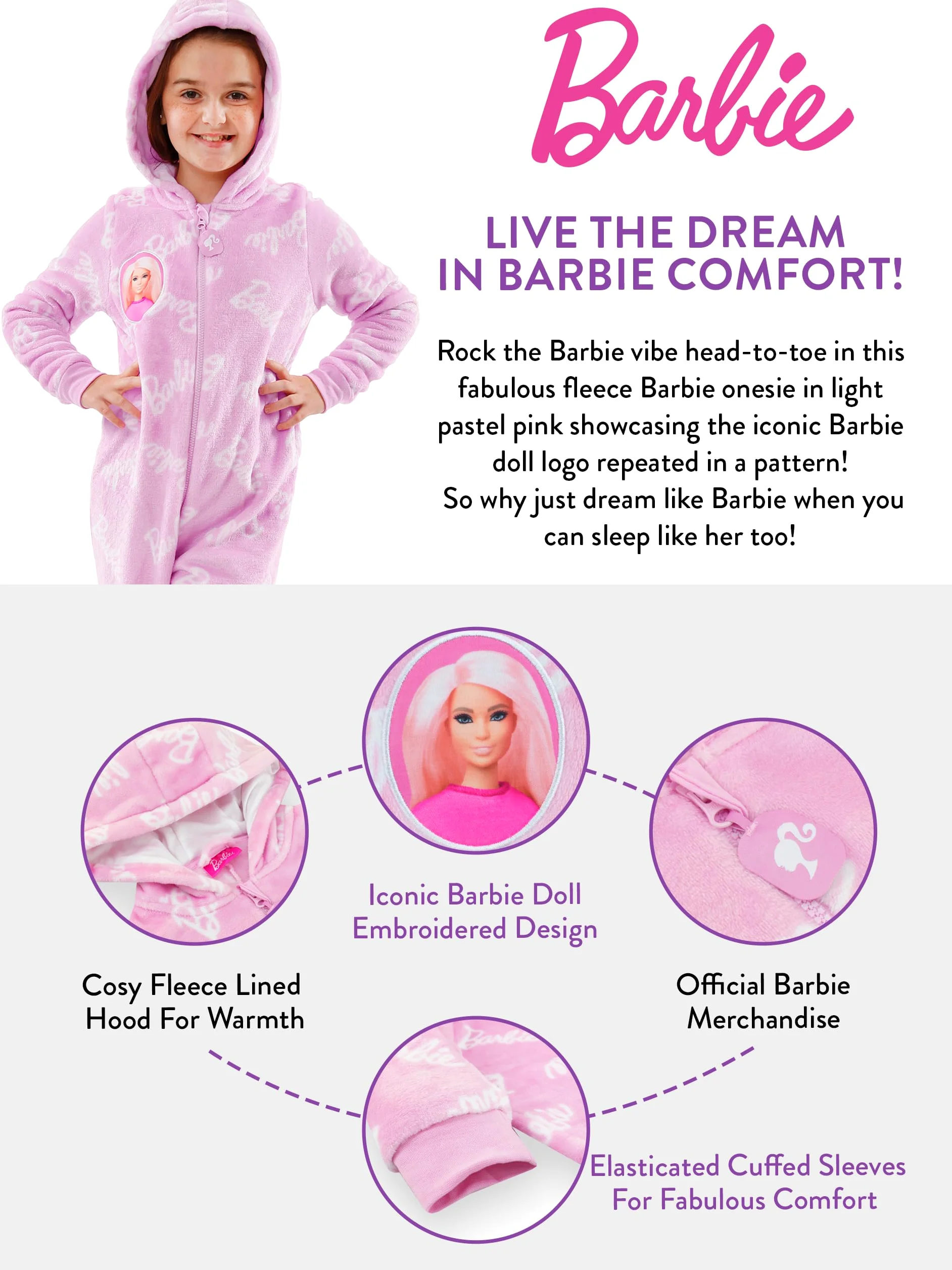 Barbie Tutina Ragazze | Tutine per Ragazze | Pigiama in Pile Rosa per Bambini | Taglie da 5 a 13 Anni | Merchandise Ufficiale