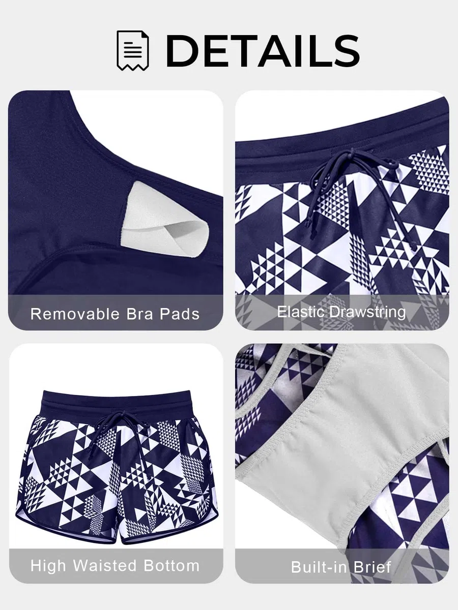 Yutdeng Costume da Bagno a Due Pezzi Tankini Donna Mare Blouson Top da Bagno Push Up e Pantaloncini a Vita Alta con Coulisse Tasche retrò Fiore Stampa Costumi da Mare Spiaggia Piscina