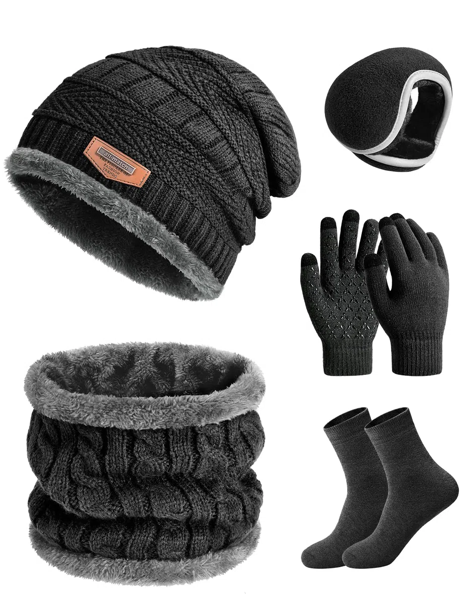 Xnova Cappello Sciarpa e Guanti Touch Screen Uomo con Scaldaorecchie e Calzini Invernale, Morbido Set Scaldacollo Berretto in Maglia 5 Pezzi Unisex, Caldo Cappelli Fodera Pile Invernali (Nero)