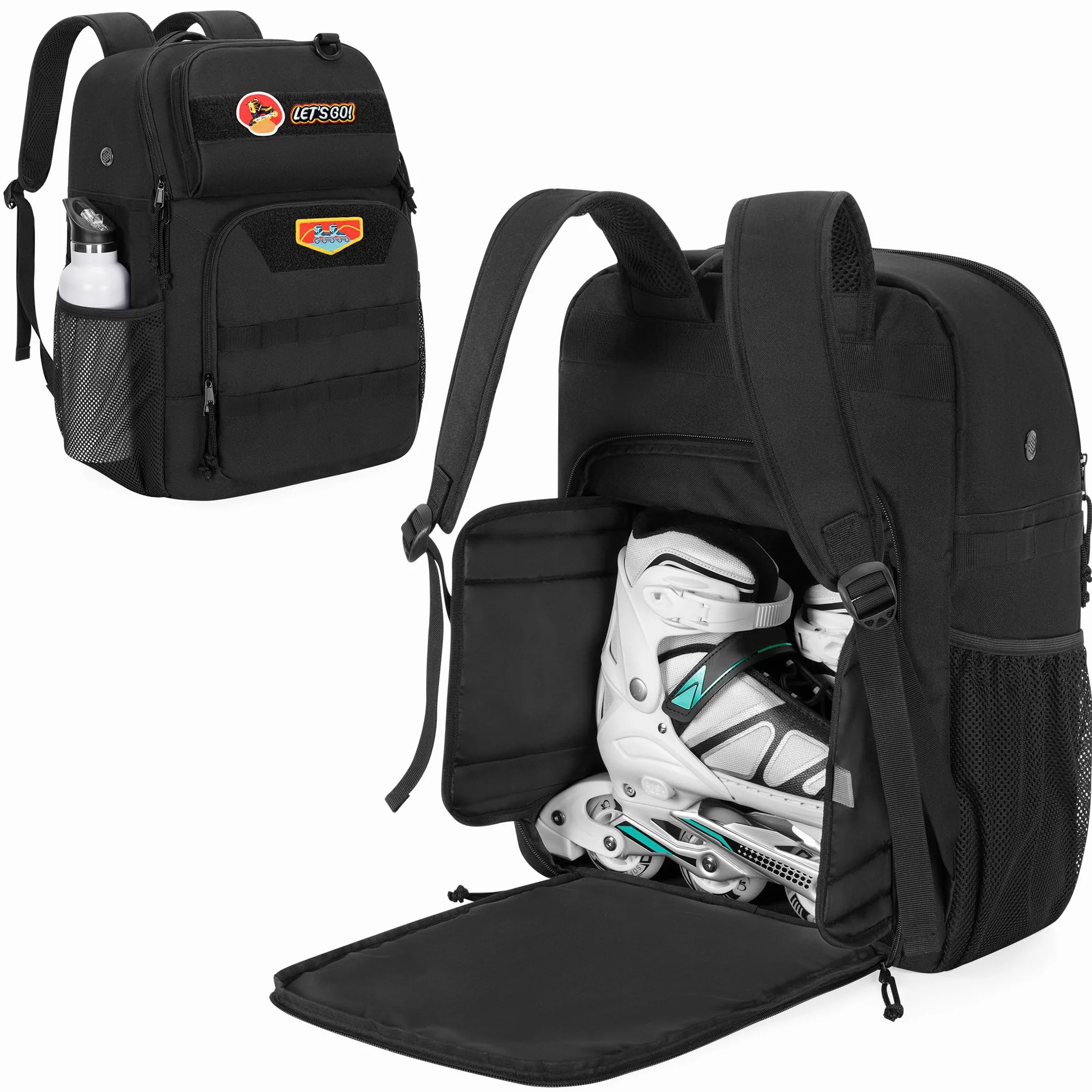 GOBUROS Borsa per pattini, adatta a scarpe fino alla taglia 13 US da uomo, zaino per pattini a rotelle con diverse tasche per accessori, borsa per pattini in linea per uomo e donna, nera