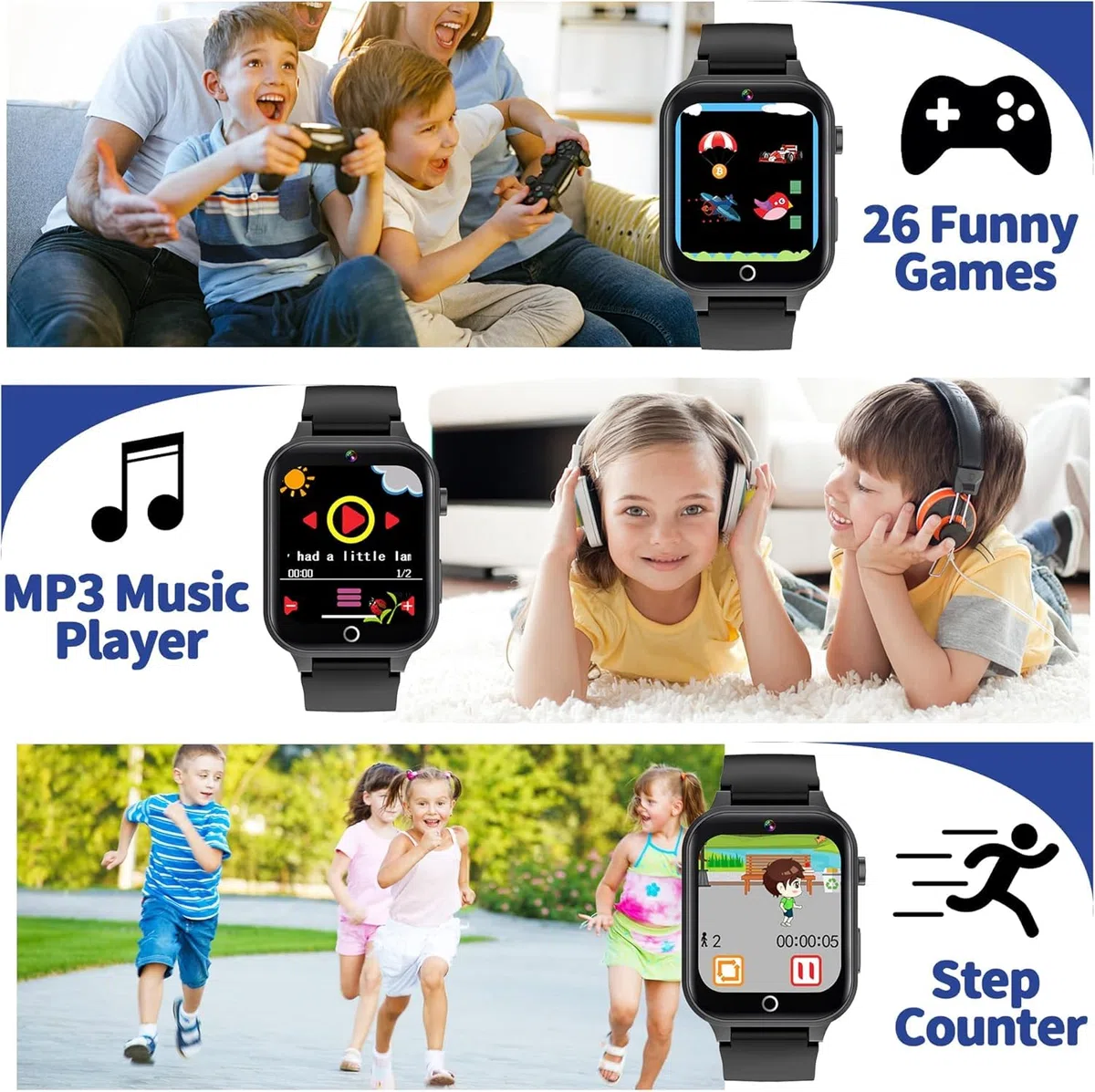 Smartwatch per Bambini - 26 Giochi, Contapassi, Calorico, Fotocamera, Musicale, Torcia, Sveglia, Giocattoli Educativi, Regalo di Compleanno [Scheda SD integrata]
