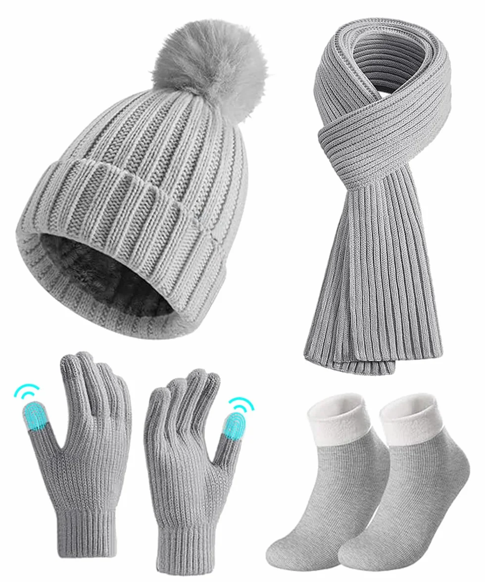 Set Cappello Guanti Sciarpa Invernale, 4 Pezzi Cappello e Scaldacollo Guanti Touch Screen Calzini, Set Regalo Berretto Sci Caldo Lavorato Maglia Spessa per Donne Sport All'Aria Aperta Invernali